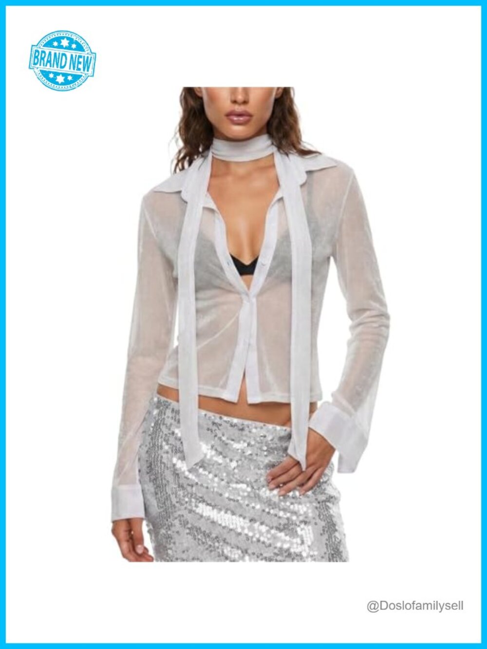 Sheer Mesh Glitter Button Down Blouse with Scarf Long Sleeve See Through Top